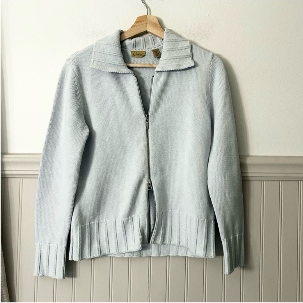 Caslon Medium Petite 100% Cotton Light Blue Zip-Up Knit Cotton Cardigan